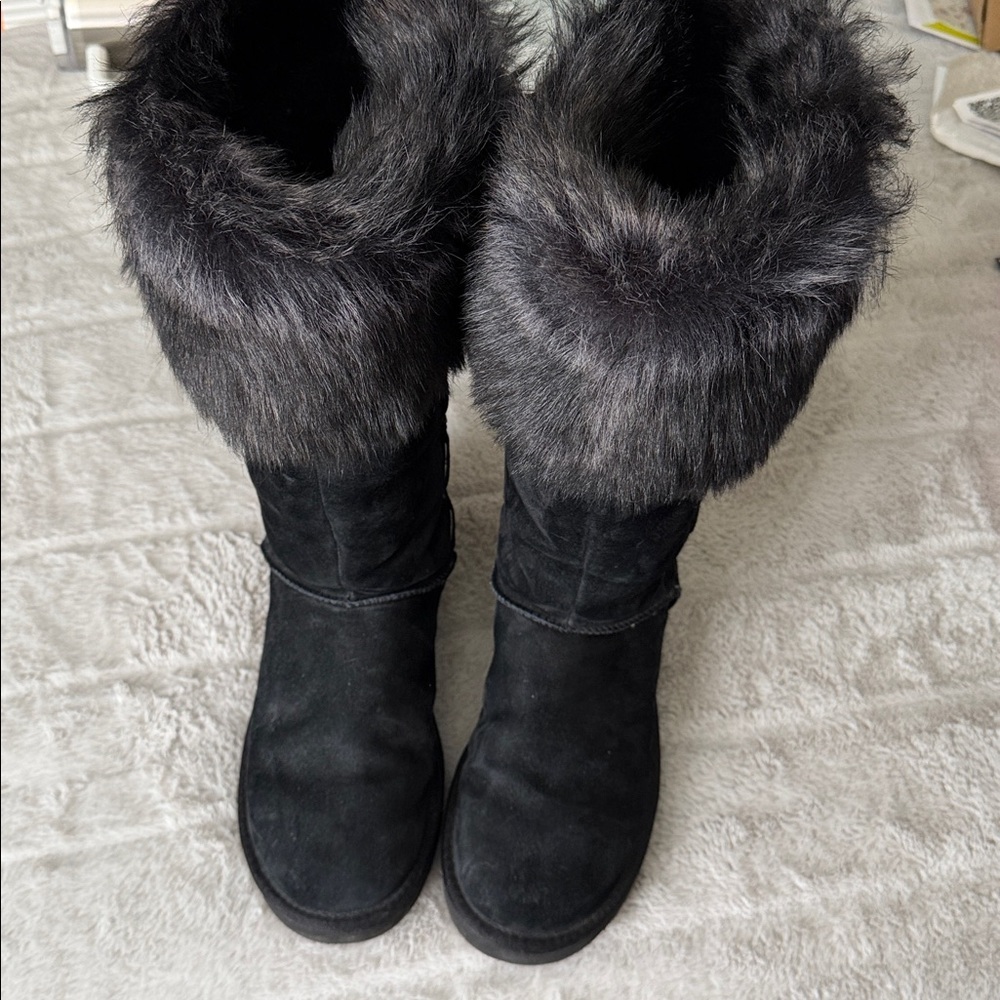 UGG Women’s Suede Fur-Trimmed Tall Boots, Black, Size 10 - Picture 5 of 7